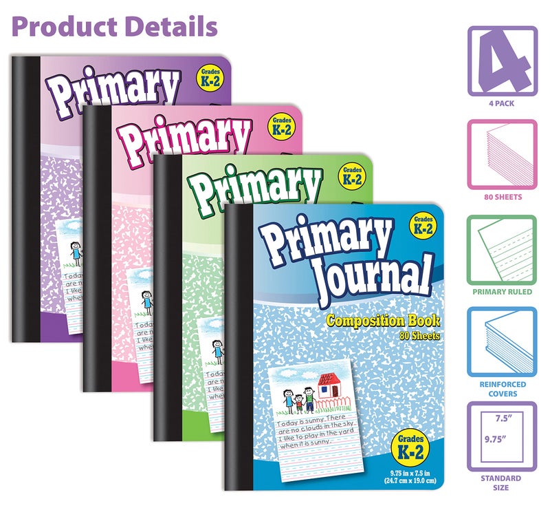 Better Office Products Primary Journal, Hardcover, 4 New Fun Colors, Primary Composition Book Notebook, Grades K-2, 80 Sheet, One Subject, 9.75" x 7.5", 4 Pack - Image 3
