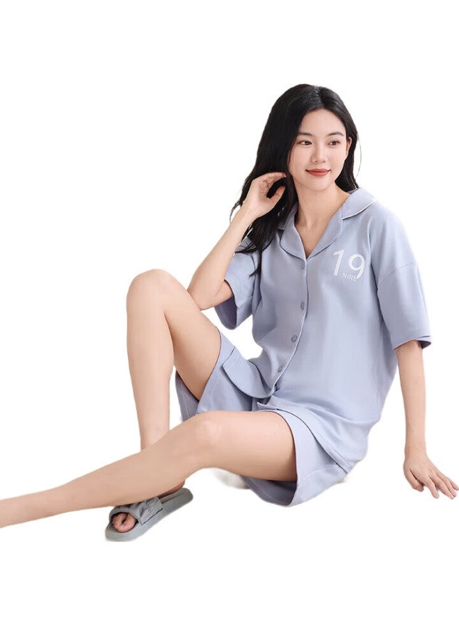 JOAE [100% Pure Cotton] High-End Women'S Pajamas, Summer Thin Short-Sleeve Shorts Cardigan Loungewear, Light Blue, Xl - Image 1