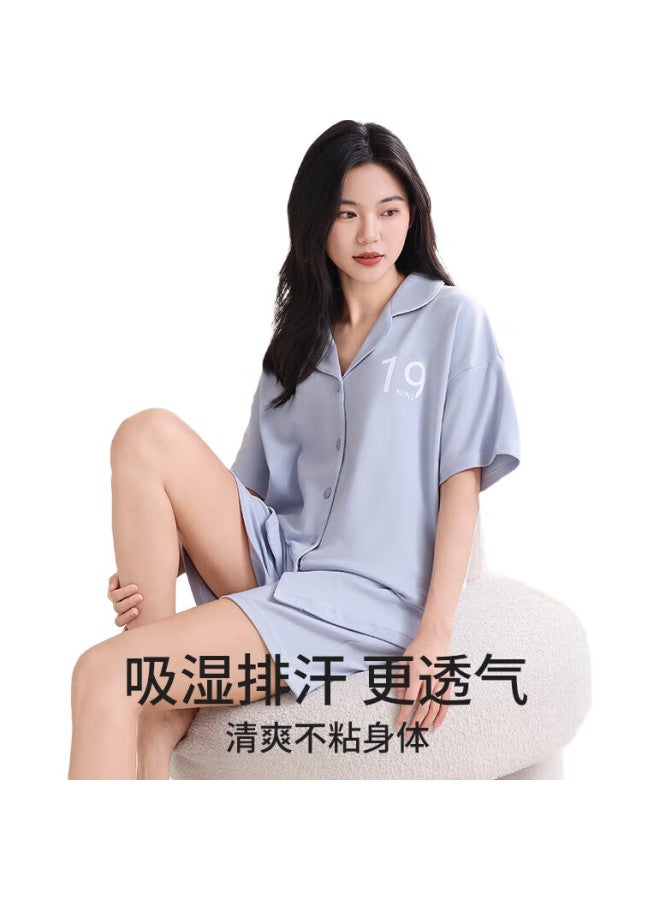 JOAE [100% Pure Cotton] High-End Women'S Pajamas, Summer Thin Short-Sleeve Shorts Cardigan Loungewear, Light Blue, Xl - Image 3