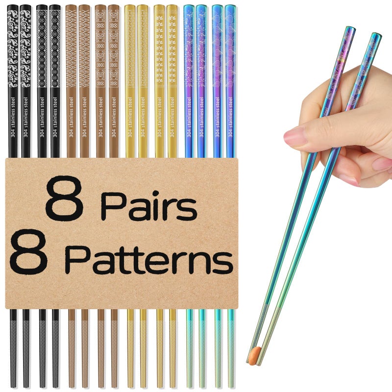 NEWDRIP 8 Pairs Metal Chopsticks Reusable Multicolor Stainless Steel Chopsticks Set Laser Engraved Non-slip Japanese Korean Chinese Chopstick for Cooking Eating Dishwasher Safe 9.25" Chop Sticks Gift Set - Image 1