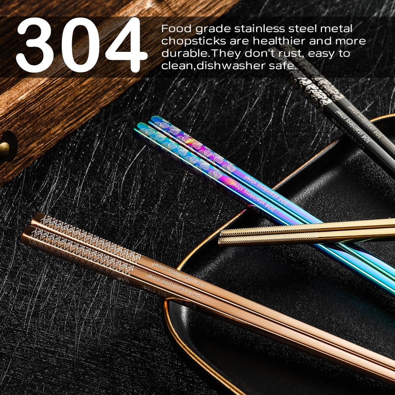 NEWDRIP 8 Pairs Metal Chopsticks Reusable Multicolor Stainless Steel Chopsticks Set Laser Engraved Non-slip Japanese Korean Chinese Chopstick for Cooking Eating Dishwasher Safe 9.25" Chop Sticks Gift Set - Image 4