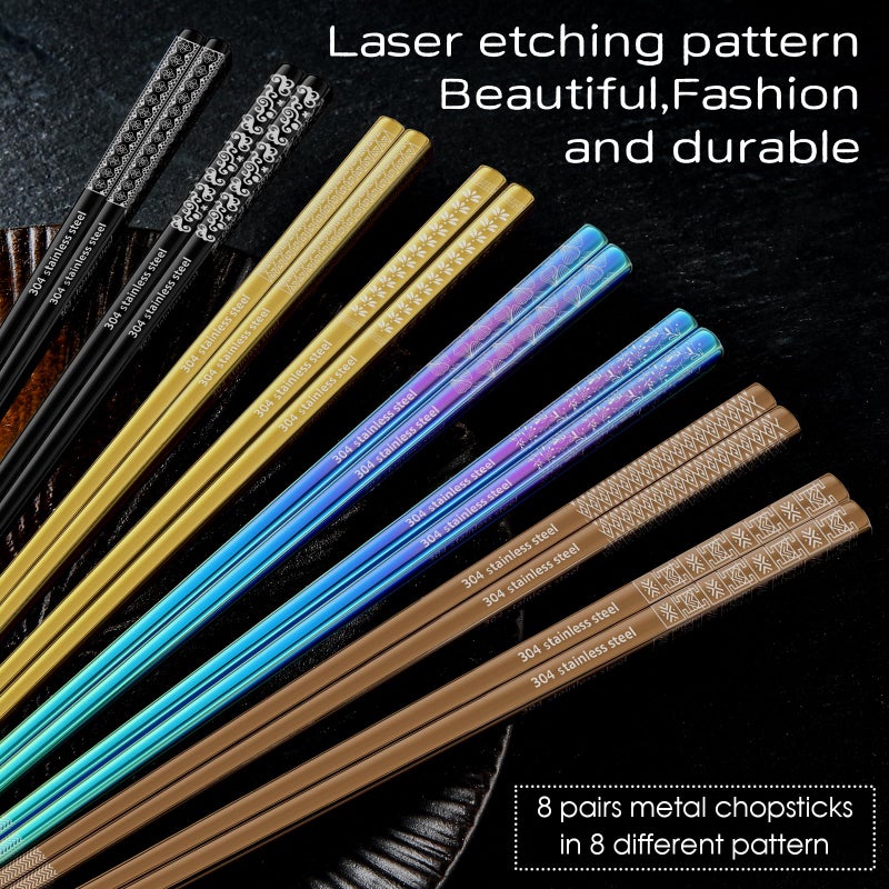 NEWDRIP 8 Pairs Metal Chopsticks Reusable Multicolor Stainless Steel Chopsticks Set Laser Engraved Non-slip Japanese Korean Chinese Chopstick for Cooking Eating Dishwasher Safe 9.25" Chop Sticks Gift Set - Image 2