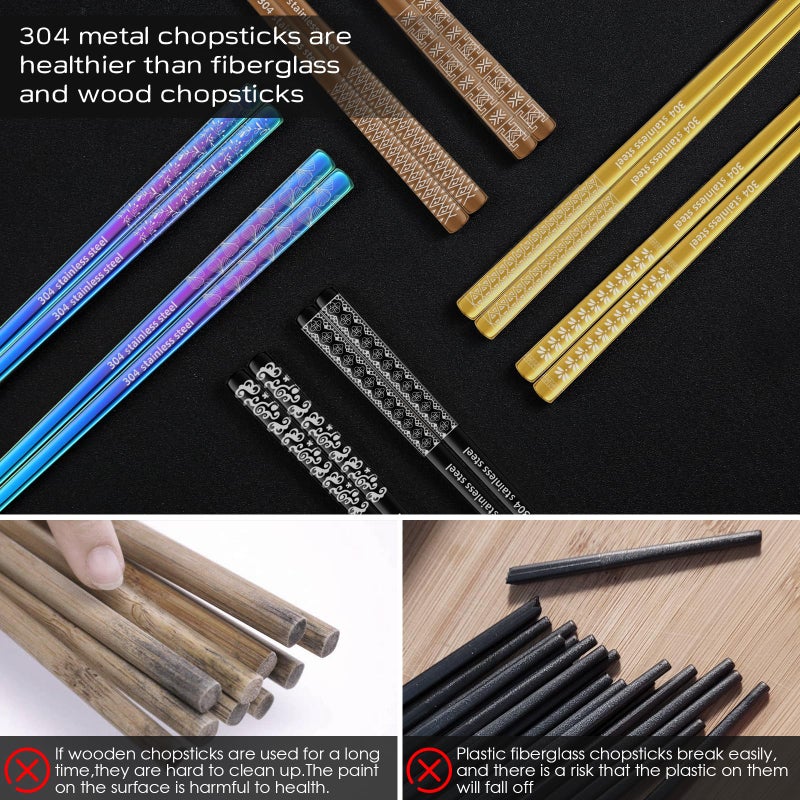NEWDRIP 8 Pairs Metal Chopsticks Reusable Multicolor Stainless Steel Chopsticks Set Laser Engraved Non-slip Japanese Korean Chinese Chopstick for Cooking Eating Dishwasher Safe 9.25" Chop Sticks Gift Set - Image 5