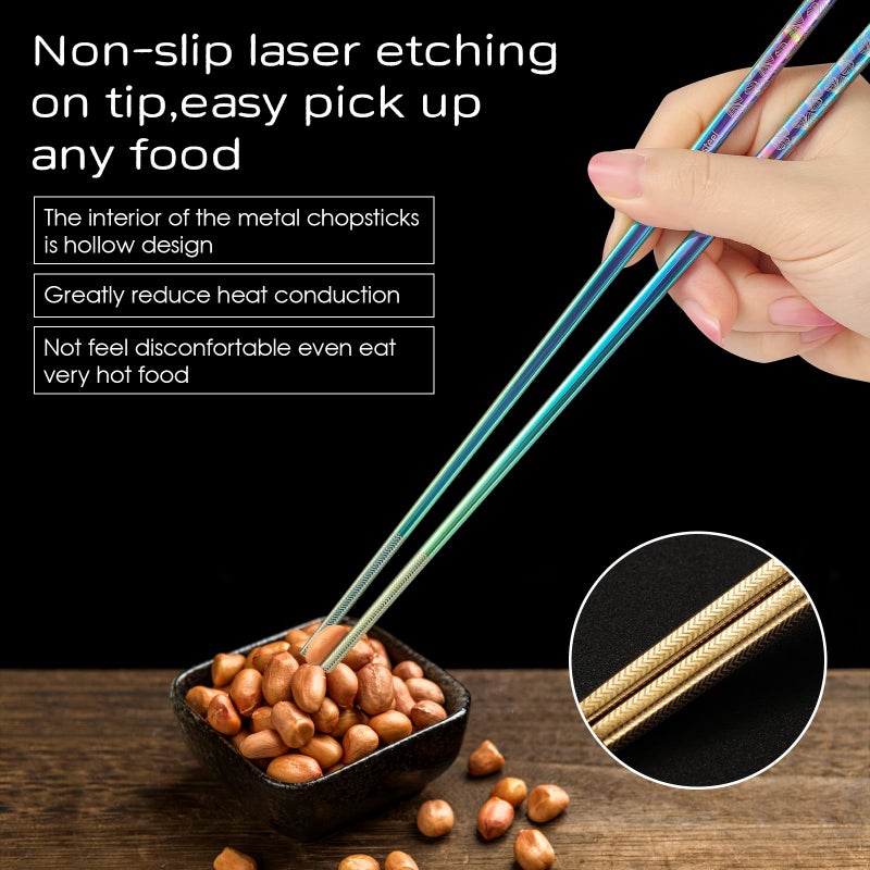 NEWDRIP 8 Pairs Metal Chopsticks Reusable Multicolor Stainless Steel Chopsticks Set Laser Engraved Non-slip Japanese Korean Chinese Chopstick for Cooking Eating Dishwasher Safe 9.25" Chop Sticks Gift Set - Image 3