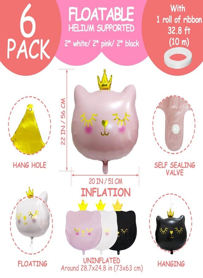 Deermon Adorable Pink Black White Meow Crown Kitten Pet 22 Inch Cat Party Decoration Balloons, 6 Pack Lovely Kitty Cat Animal Theme Girls Party Wedding Birthday Baby Shower Decor Party Supplies - Image 5