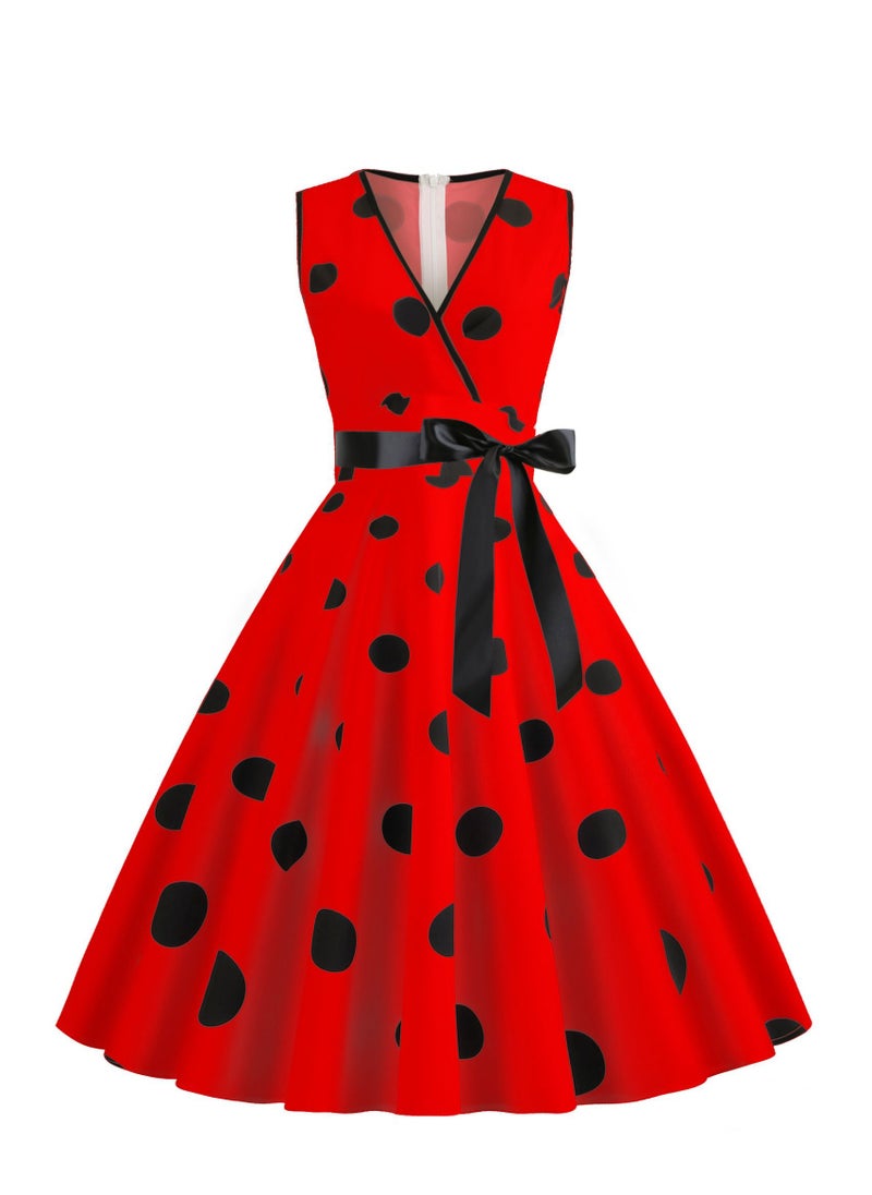 Loquat V-neck Sleeveless Polka Dot Lace Up Waist Retro Large Swing Dress Red  - Image 1