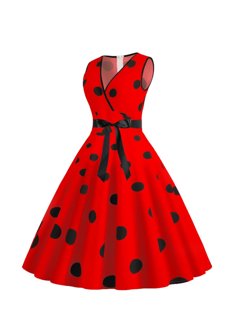 Loquat V-neck Sleeveless Polka Dot Lace Up Waist Retro Large Swing Dress Red  - Image 3