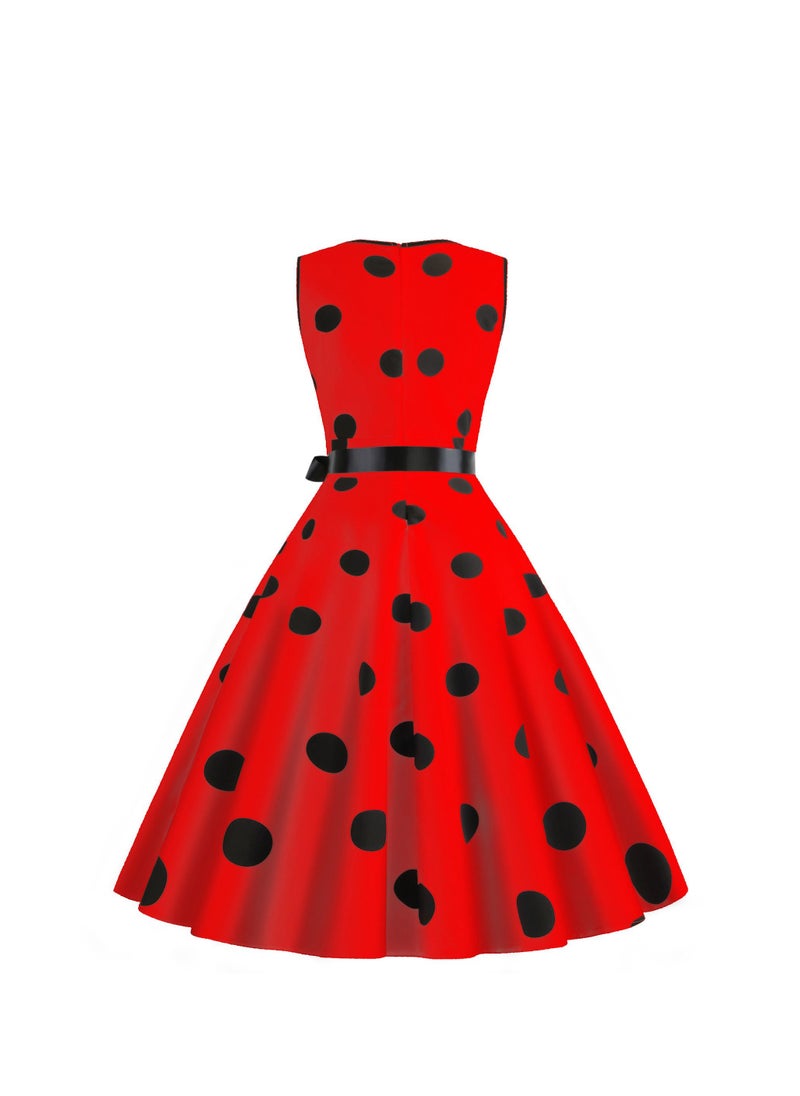 Loquat V-neck Sleeveless Polka Dot Lace Up Waist Retro Large Swing Dress Red  - Image 2