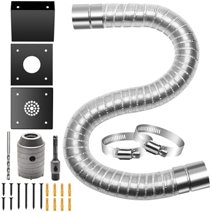 PELLET STOVE FRESH AIR INTAKE KIT, OUTSIDE STOVE PIPE KIT WITH 3PCS STAINLESS STEEL WALL PLATE, 1PCTELESCOPIC ALUMINUM FLEX PIPE, 2PC SCREW CLAMPS, 3PC HOLE SAW KIT SET, SCREWS - Image 1