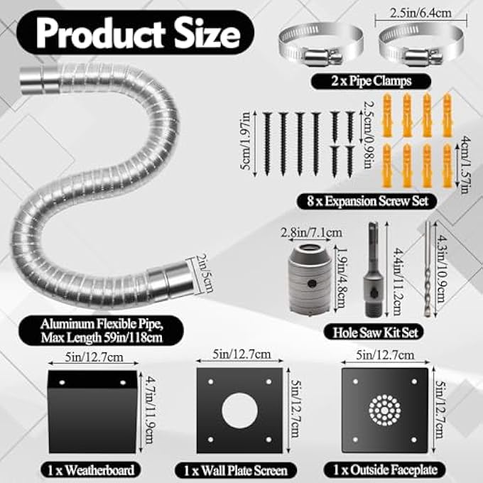 PELLET STOVE FRESH AIR INTAKE KIT, OUTSIDE STOVE PIPE KIT WITH 3PCS STAINLESS STEEL WALL PLATE, 1PCTELESCOPIC ALUMINUM FLEX PIPE, 2PC SCREW CLAMPS, 3PC HOLE SAW KIT SET, SCREWS - Image 3