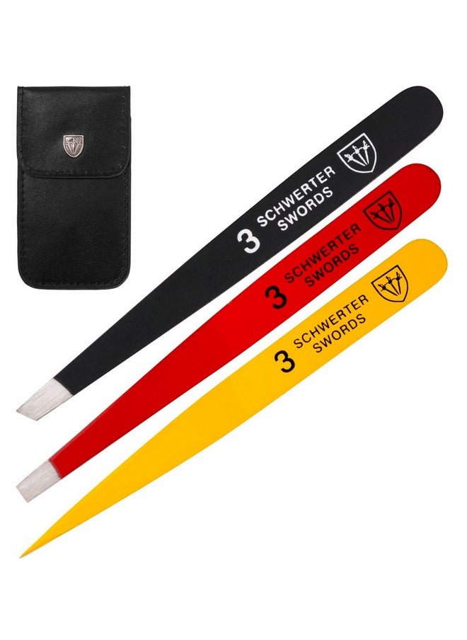 3 Swords Germany Swords Germany Brand Quality Professional Stainless Steel Precision Tweezer Set “Germany” Slanted Straight Pointed Eyebrows Hair Synthetic Leather Case Manicure Pedicure By 3 Swords (005342)  - Image 1