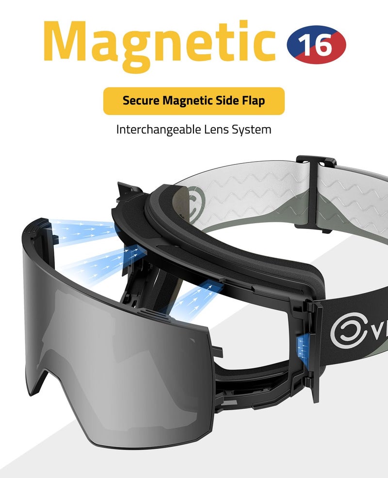 CVLIFE Magnetic Ski Goggles Over Glasses Men Women, Secure Side Flap Snowboard Goggles, Anti-Fog UV Protection Snow Gear - Image 3