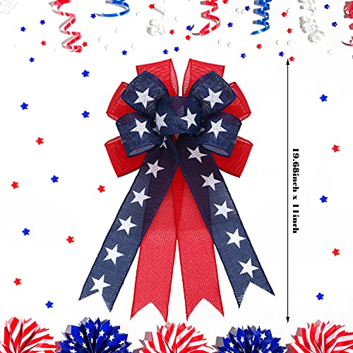Cindeer 2 Pieces Patriotic Wreath Bow Independence Day Red White and Blue Star Burlap Topper Bows Large Independence Day Decorative Topper Bow Star Burlap Large Bows for 4th of July Party - Image 2