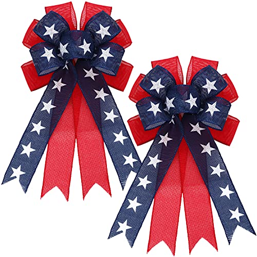 Cindeer 2 Pieces Patriotic Wreath Bow Independence Day Red White and Blue Star Burlap Topper Bows Large Independence Day Decorative Topper Bow Star Burlap Large Bows for 4th of July Party - Image 1