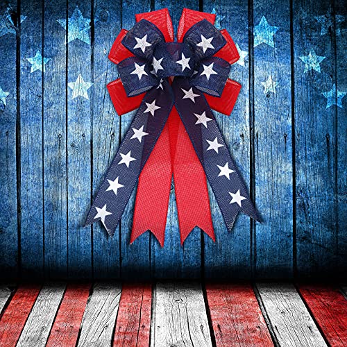 Cindeer 2 Pieces Patriotic Wreath Bow Independence Day Red White and Blue Star Burlap Topper Bows Large Independence Day Decorative Topper Bow Star Burlap Large Bows for 4th of July Party - Image 3