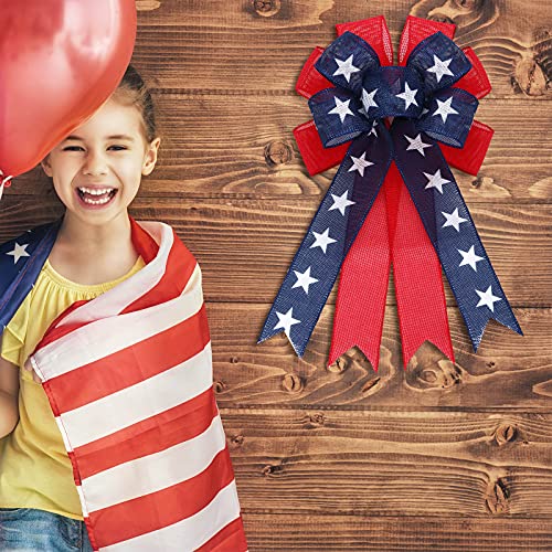 Cindeer 2 Pieces Patriotic Wreath Bow Independence Day Red White and Blue Star Burlap Topper Bows Large Independence Day Decorative Topper Bow Star Burlap Large Bows for 4th of July Party - Image 4