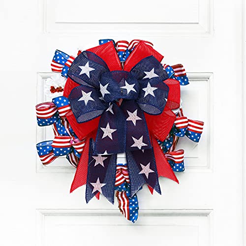 Cindeer 2 Pieces Patriotic Wreath Bow Independence Day Red White and Blue Star Burlap Topper Bows Large Independence Day Decorative Topper Bow Star Burlap Large Bows for 4th of July Party - Image 5