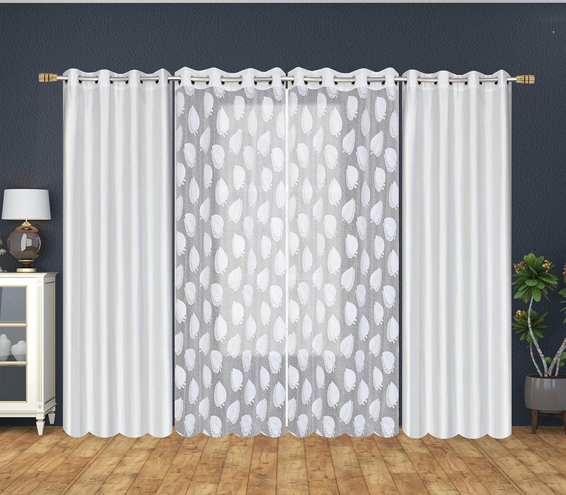 Yarnis Yarnis Polyester Leaf Pattern Semi Transparent Sheer Long Door Curtains White 9 Feet Combo of 4 Pcs - Image 1