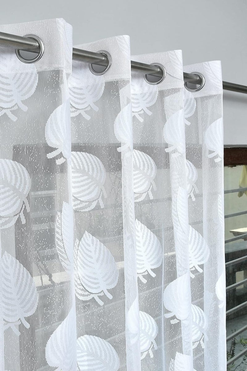 Yarnis Yarnis Polyester Leaf Pattern Semi Transparent Sheer Long Door Curtains White 9 Feet Combo of 4 Pcs - Image 2