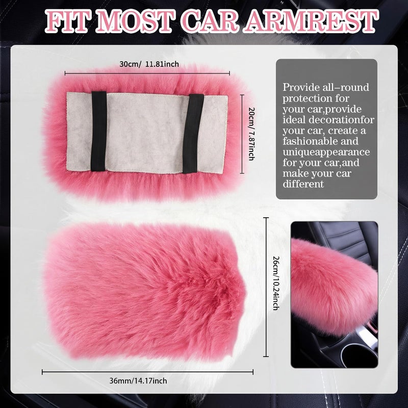 Frienda Furry Armrest Cover Auto Center Console Cover Car Soft Console Pad, Real Sheepskin Wool Soft Fluffy Auto Center Armrest Pad for Most Car Decoration Protector(Pink) - Image 2