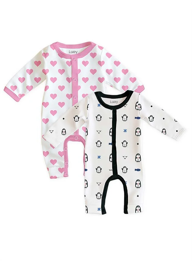 لؤي رومبر بكم كامل 100% قطن، بدلة نوم للبنات والأولاد _(عبوة من 2) من 18 إلى 24 شهر