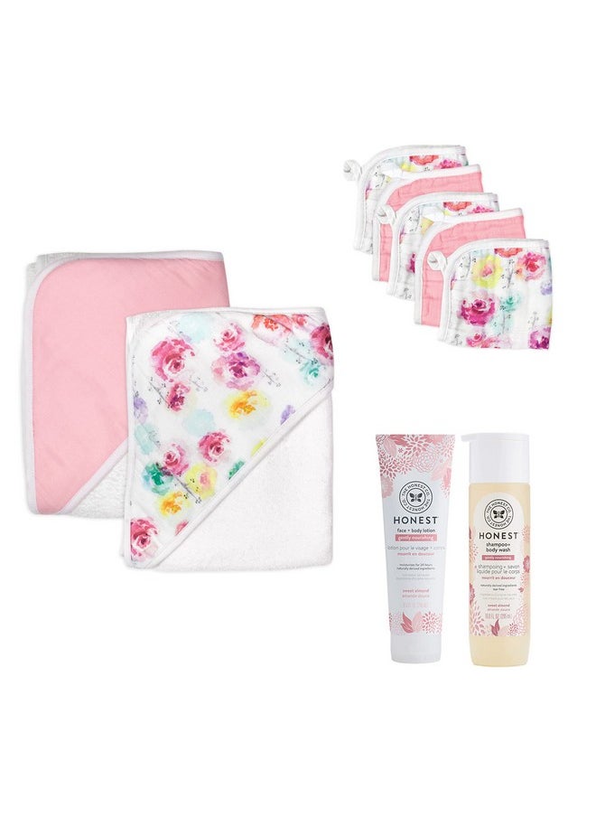 HonestBaby 9Piece Bubbles And Cuddles Gift Set Bath And Lotion 100% Organic Cotton For Infant Baby Boys Girls Unisex Rose Blossom/Almond One Size  - Image 1