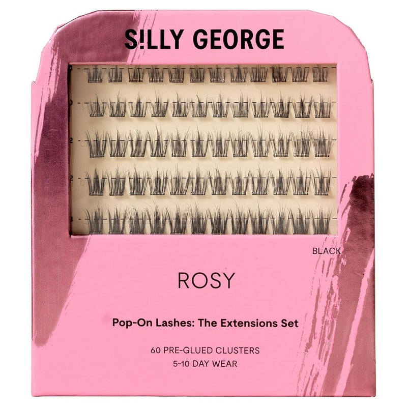 Silly George Pop-On Lashes - DIY 1-Step Pre-Glued Faux Eyelash Clusters, Natural Look Extensions, Black - Rosy, 5-7 Pair Set, Pack of 60 Clusters - Image 1