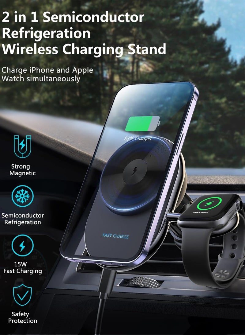 KASTWAVE Magnetic Ice Cooling Wireless Car Charger Holder for Magsafe, 2 in 1 iPhone 15 Pro Max iWatch 9 Series Ultra SE, Charger Compatible with iPhone 15/14/13/12 Series, Detachable Watch Charger - Image 2
