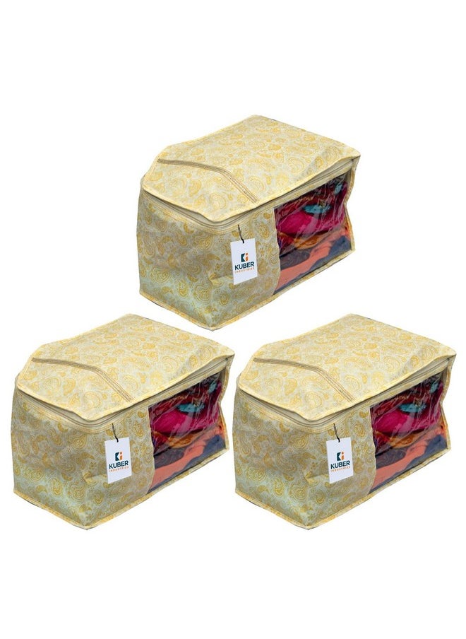 Kuber Industries Kuber Industries Non-Woven Metalic Blouse Cover Bags With Zip|Wardrobe Organizer For Clothes|Washable Small Clothes Storage Bag|Durable Zipper & Transparent Window|Pack Of 3 (Ivory)  - Image 1