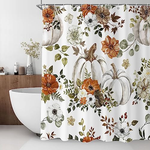 GCIREC Fall Watercolor Pumpkin Shower Curtain, Autumn Thanksgiving Harvest Pumpkins with Floral Bathroom Curtain Bathtub Home Decor Waterproof Fabric Machine Washable with 12 PCS Hooks,72" Wx72 L - Image 2