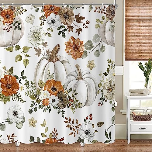GCIREC Fall Watercolor Pumpkin Shower Curtain, Autumn Thanksgiving Harvest Pumpkins with Floral Bathroom Curtain Bathtub Home Decor Waterproof Fabric Machine Washable with 12 PCS Hooks,72" Wx72 L - Image 1