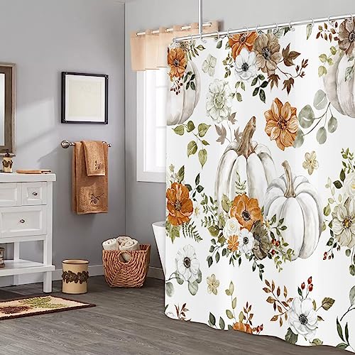 GCIREC Fall Watercolor Pumpkin Shower Curtain, Autumn Thanksgiving Harvest Pumpkins with Floral Bathroom Curtain Bathtub Home Decor Waterproof Fabric Machine Washable with 12 PCS Hooks,72" Wx72 L - Image 3