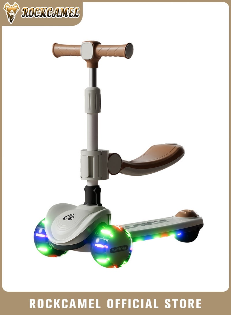 ROCKCAMEL 2 in 1 Kids Kick Scooter, Foldable Scooter with Music, LED Lighted Wheels and 4-Level Adjustable Height Handlebars, Widen Anti-Slip Deck, Sensitive Brakes, Kids Toys for Boys & Girls Ages 1-12 - Image 1