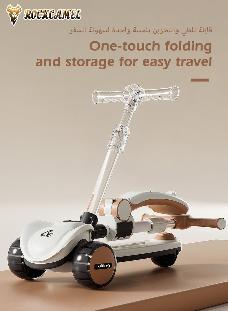 ROCKCAMEL 2 in 1 Kids Kick Scooter, Foldable Scooter with Music, LED Lighted Wheels and 4-Level Adjustable Height Handlebars, Widen Anti-Slip Deck, Sensitive Brakes, Kids Toys for Boys & Girls Ages 1-12 - Image 4