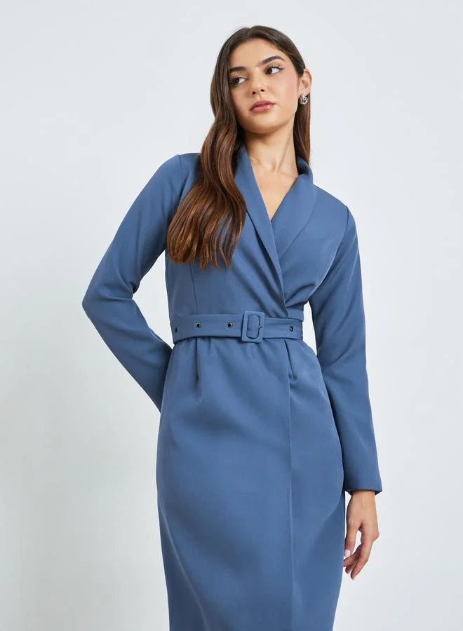 Styli Blue Blazer Midi Dress with Buckle Belt