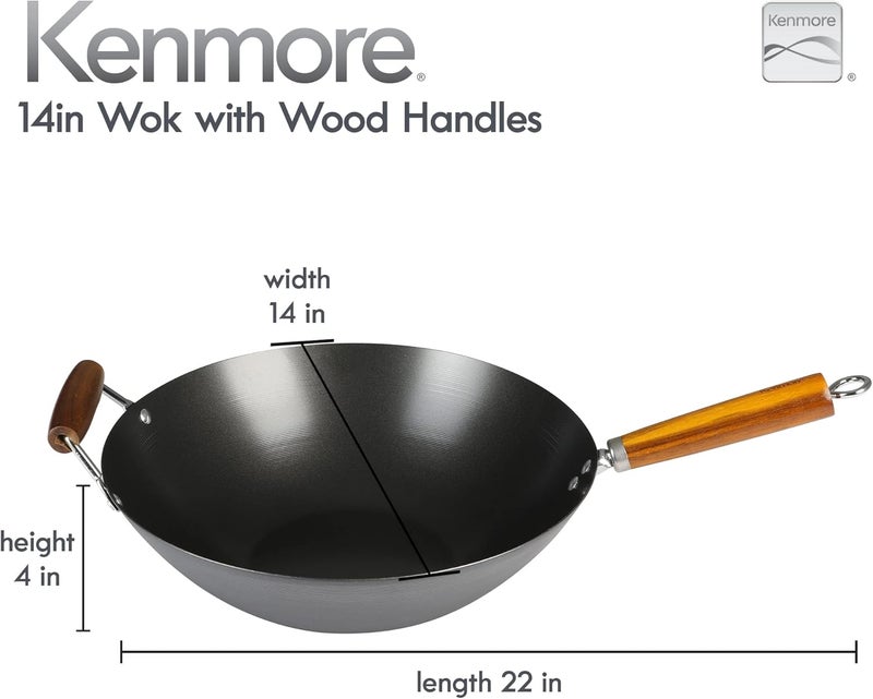 Kenmore مقلاة كينمور هاموند 14 بوصة من الفولاذ الكربوني القاع المسطح، مقلاة ستير فراي غير لاصقة متينة للاستخدام على مواقد الغاز والكهرباء - Image 2