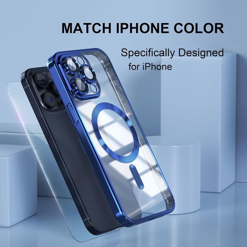for iPhone 15 Pro Max Case with Screen Protector, [Full Camera Cover Protection] [Compatible with MagSafe] [Military Grade Protection] Clear Magnetic Slim Phone Case, Blue - Image 2