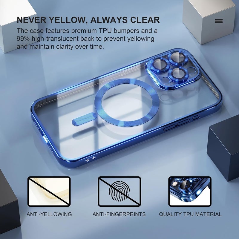for iPhone 15 Pro Max Case with Screen Protector, [Full Camera Cover Protection] [Compatible with MagSafe] [Military Grade Protection] Clear Magnetic Slim Phone Case, Blue - Image 3