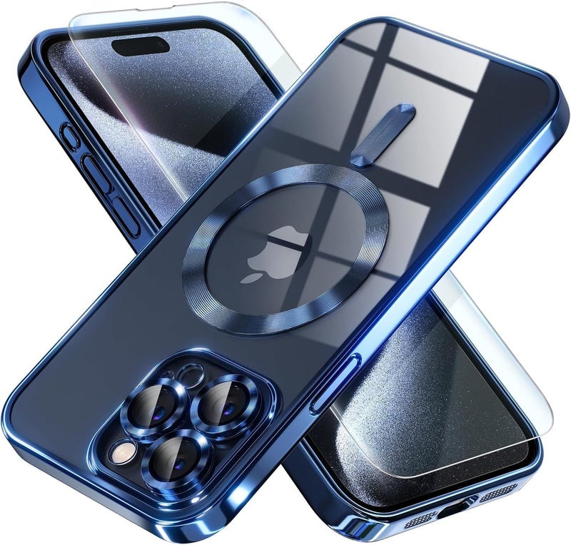 for iPhone 15 Pro Max Case with Screen Protector, [Full Camera Cover Protection] [Compatible with MagSafe] [Military Grade Protection] Clear Magnetic Slim Phone Case, Blue - Image 1