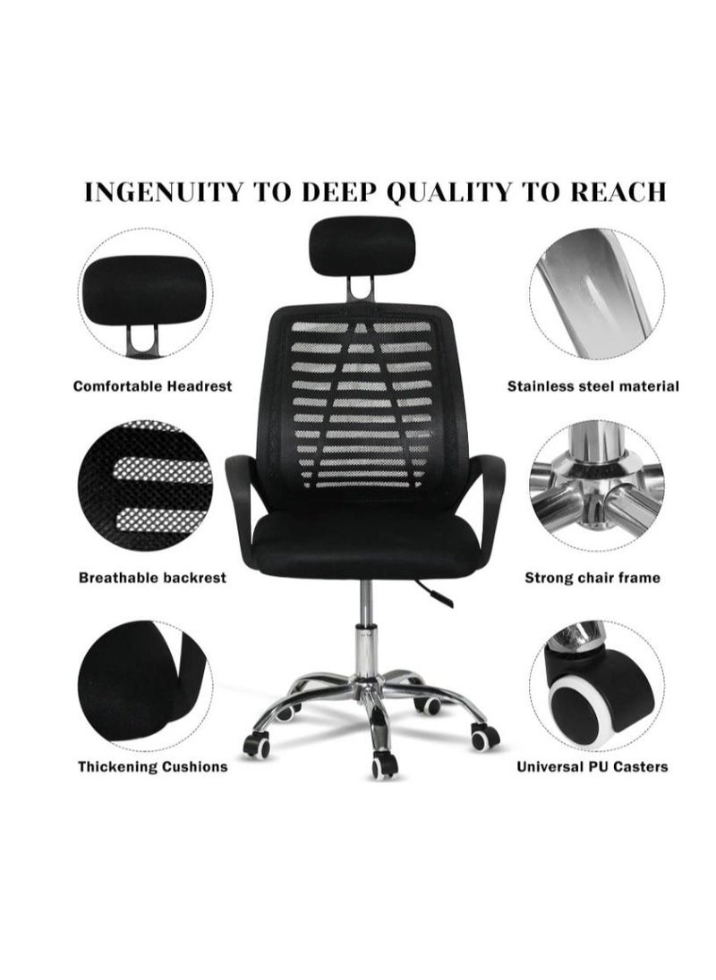 Swivel Mesh Comfort Office Chair, Ergonomic Height Adjustable Desk Chair with Lumbar Support Backrest&Headrest and Armrests Black 49x49x70cm