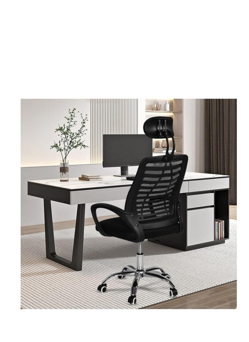 Swivel Mesh Comfort Office Chair, Ergonomic Height Adjustable Desk Chair with Lumbar Support Backrest&Headrest and Armrests Black 49x49x70cm