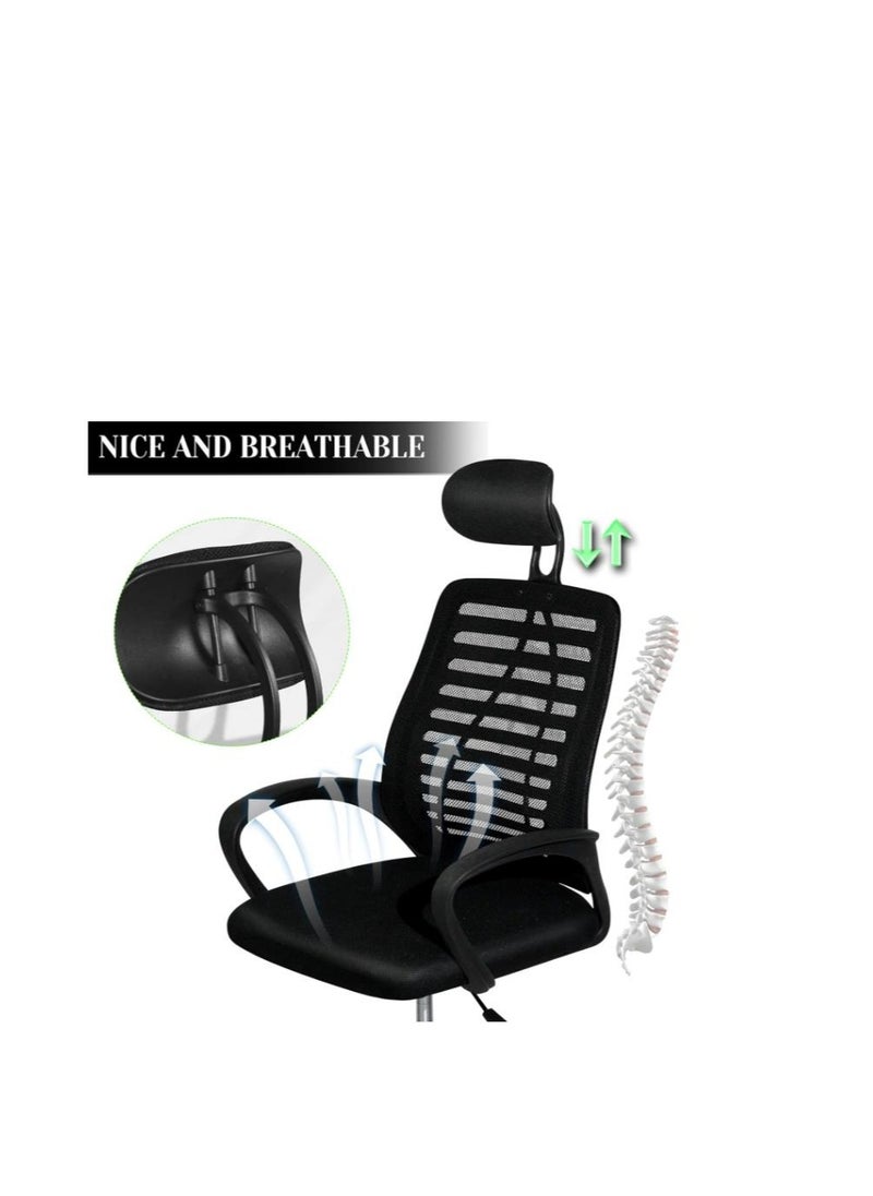Swivel Mesh Comfort Office Chair, Ergonomic Height Adjustable Desk Chair with Lumbar Support Backrest&Headrest and Armrests Black 49x49x70cm