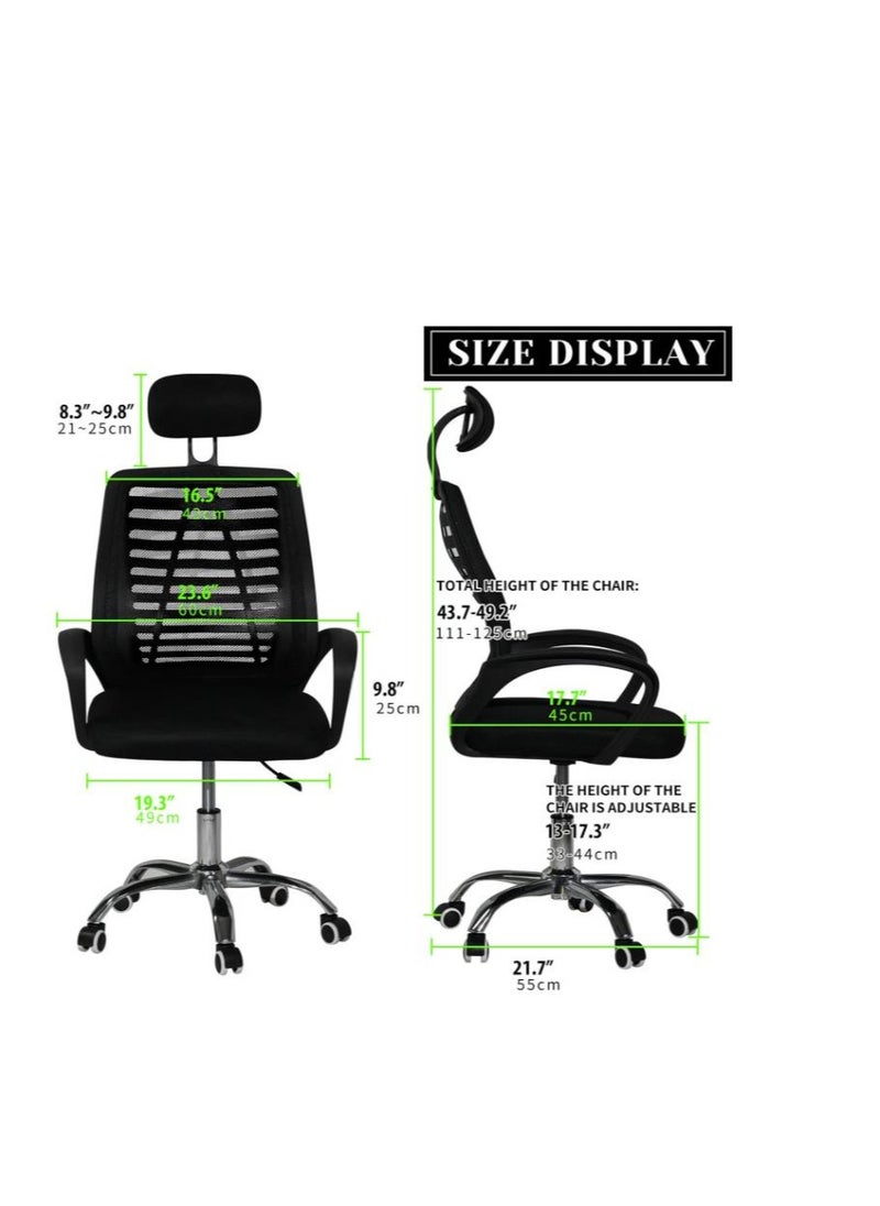 Swivel Mesh Comfort Office Chair, Ergonomic Height Adjustable Desk Chair with Lumbar Support Backrest&Headrest and Armrests Black 49x49x70cm