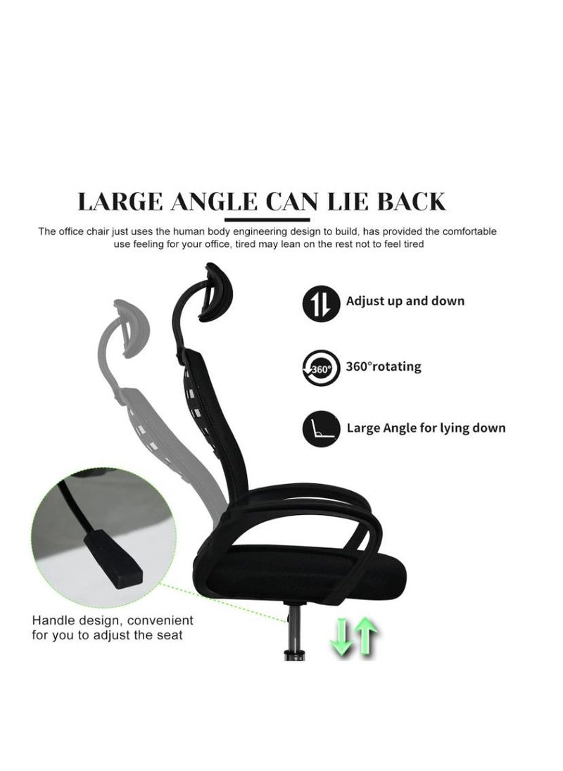 Swivel Mesh Comfort Office Chair, Ergonomic Height Adjustable Desk Chair with Lumbar Support Backrest&Headrest and Armrests Black 49x49x70cm