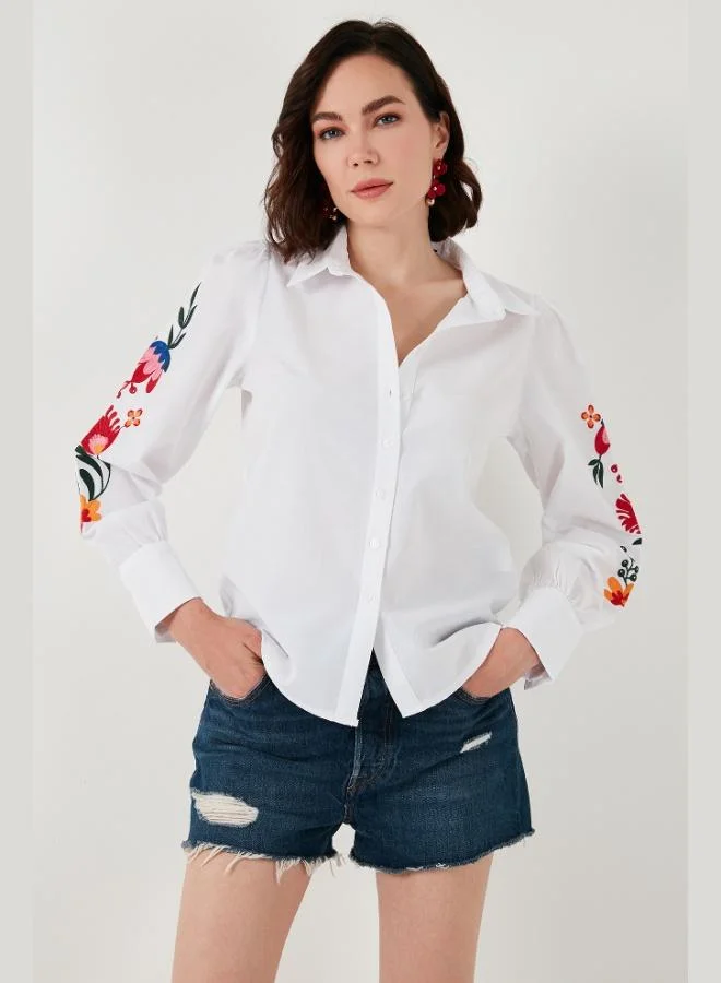 ليلا قميص نسائي قطني بأكمام بالون مطرز بالزهور