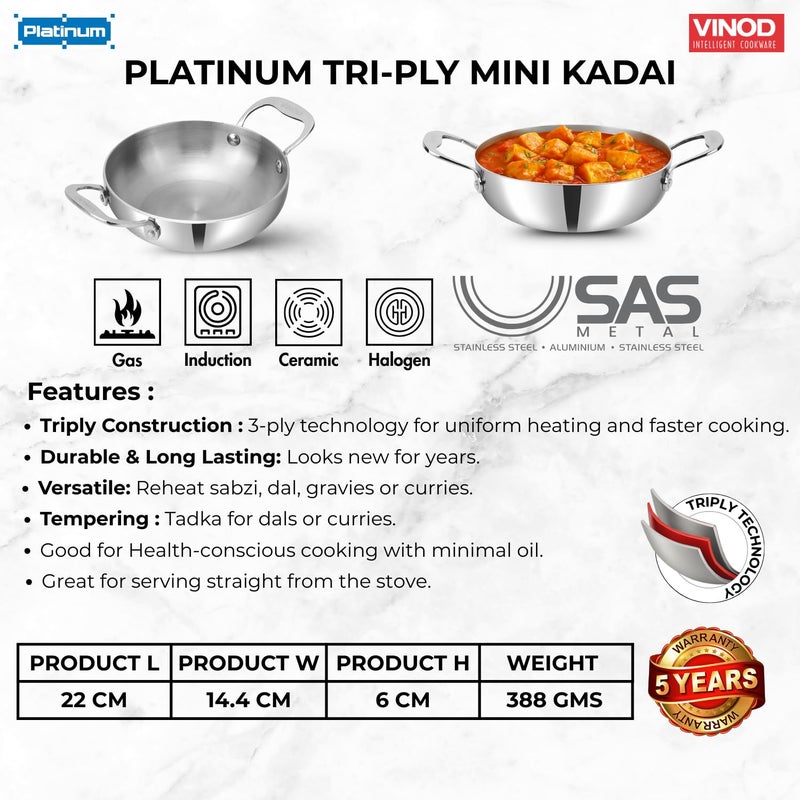 Vinod Platinum Tripy Stainless Steel Mini Kadai - 14cm (600 ml), Compact Design for Healthy Cooking, Induction Friendly Versatile Small kadhai, Use Less Oil, Sturdy and Durable - 5 Years Warranty - Image 5
