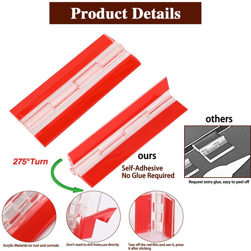 Sliverdew 2 Pcs Acrylic Hinge Clear Small Plastic Hinges Continuous Piano Hinge Transparent Self-Adhesive Folding Hinge Tools For Cabinet Drawer Furniture Aquarium Diy Crafts Display Stand 100X42 Mm - Image 3
