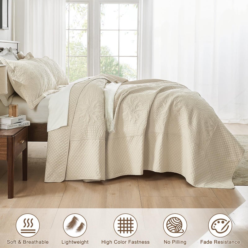 Qucover غطاء سرير كينغ كبير الحجم من كوفير 132x 120، غطاء سرير ألاسكا كينغ عريض جداً، مجموعة أغطية كينغ كبيرة الحجم من الألياف الدقيقة الناعمة والخفيفة، نمط فارسي عتيق، مع أغطية وسائد، بيج - Image 3
