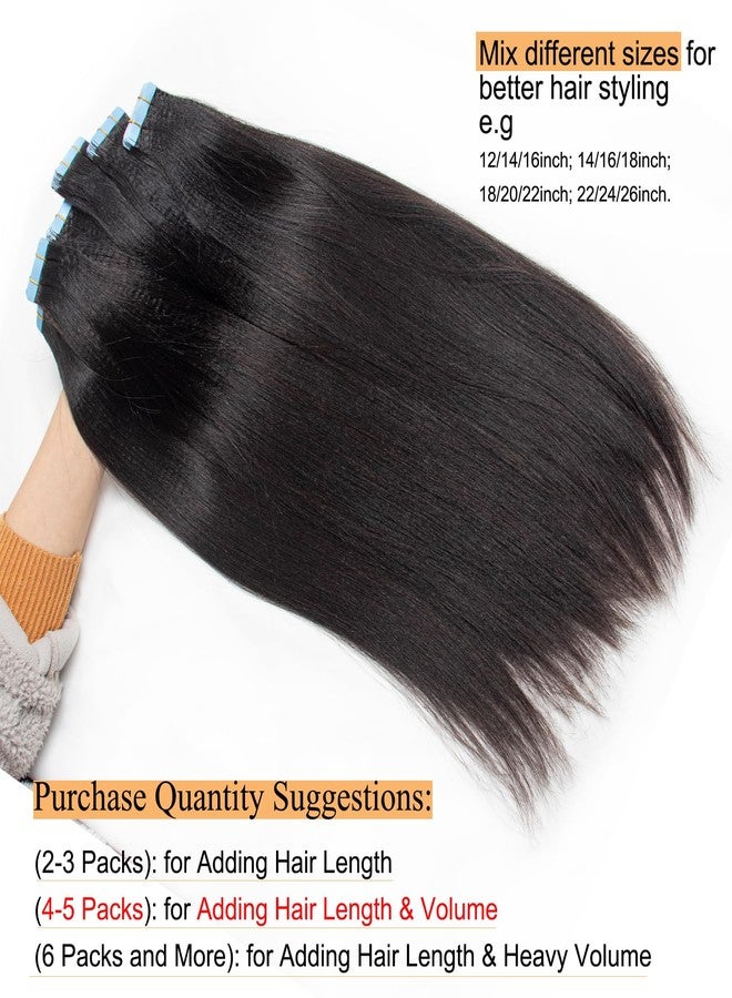 FEIPRO 18 Inch Tape in Hair Extensions Real Human Hair Light Yaki Straight Tape ins for Black Girls Women add Hair Length &Volume Invisible Seamless Skin Weft Thick Soft #Natural Black 40g 20pcs/Pack - Image 2