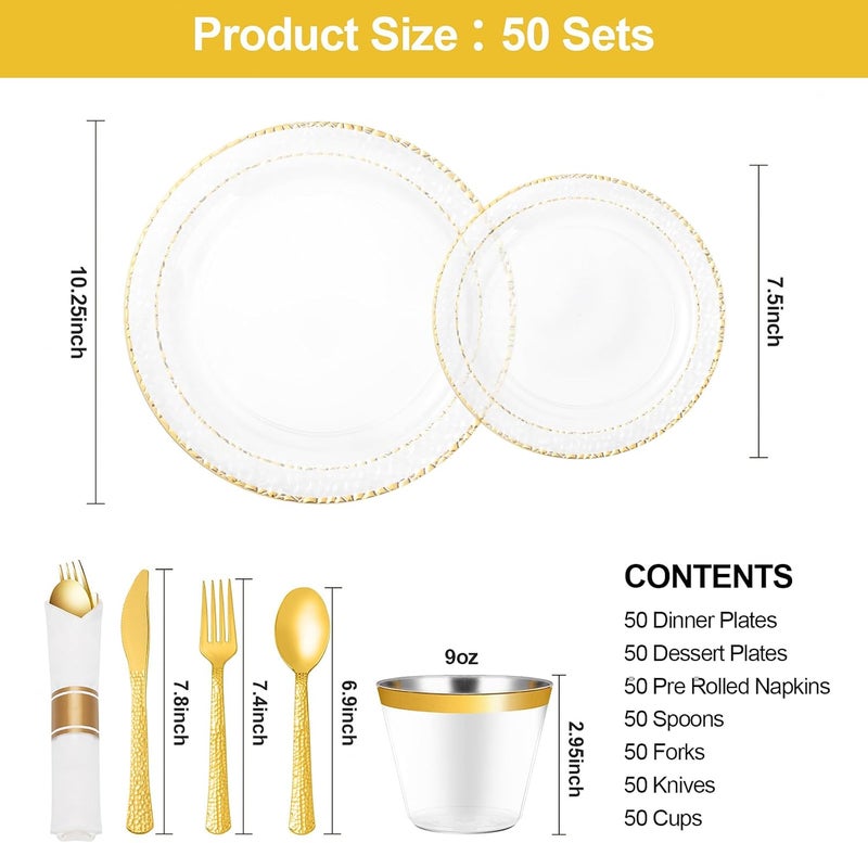 Bestluck 350PCS Clear Plastic Plates with Gold Trim for 50 Guests, Disposable Dinnerware Set for Party & Wedding, Includes 100 Plastic Plates, 50 Pre Rolled Napkins with Gold Silverware, 50 Cups - Image 2